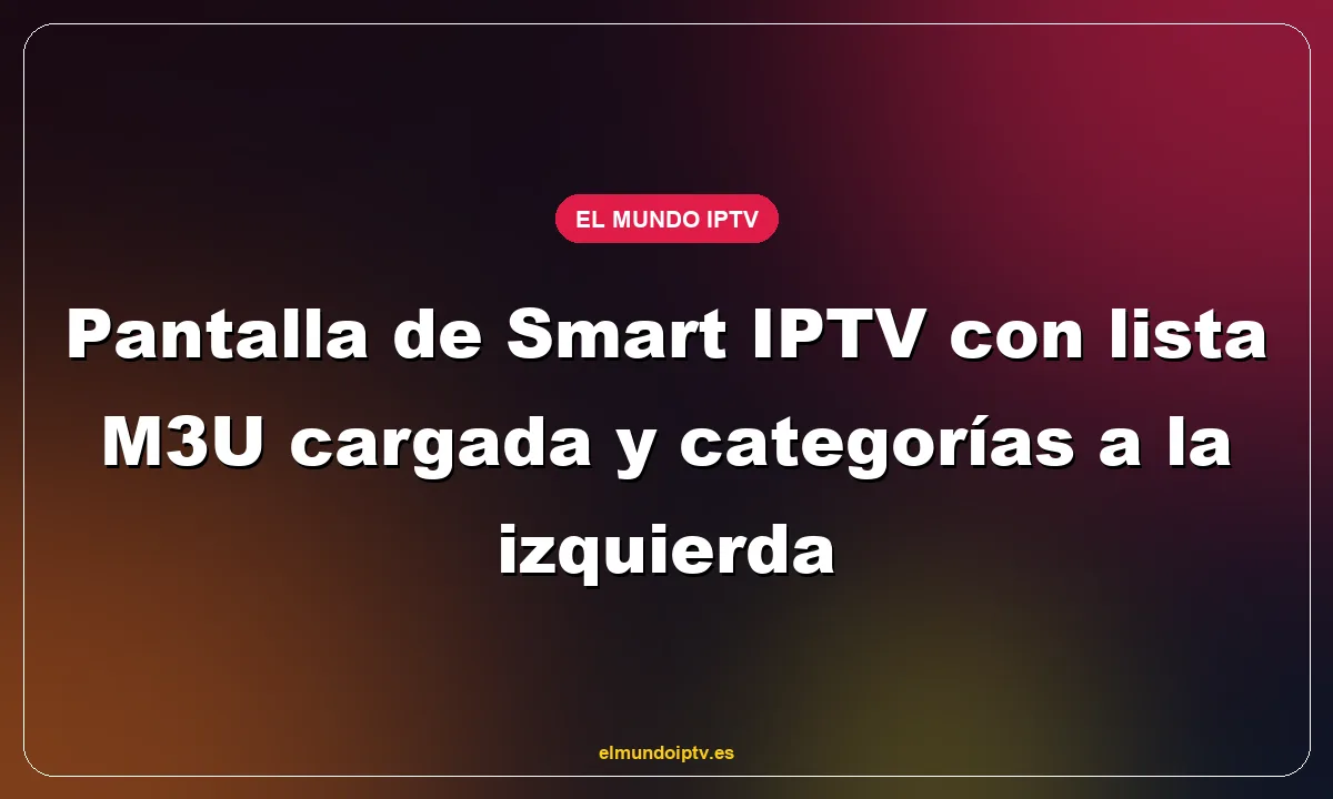 Pantalla de Smart IPTV con lista M3U cargada y categorías a la izquierda